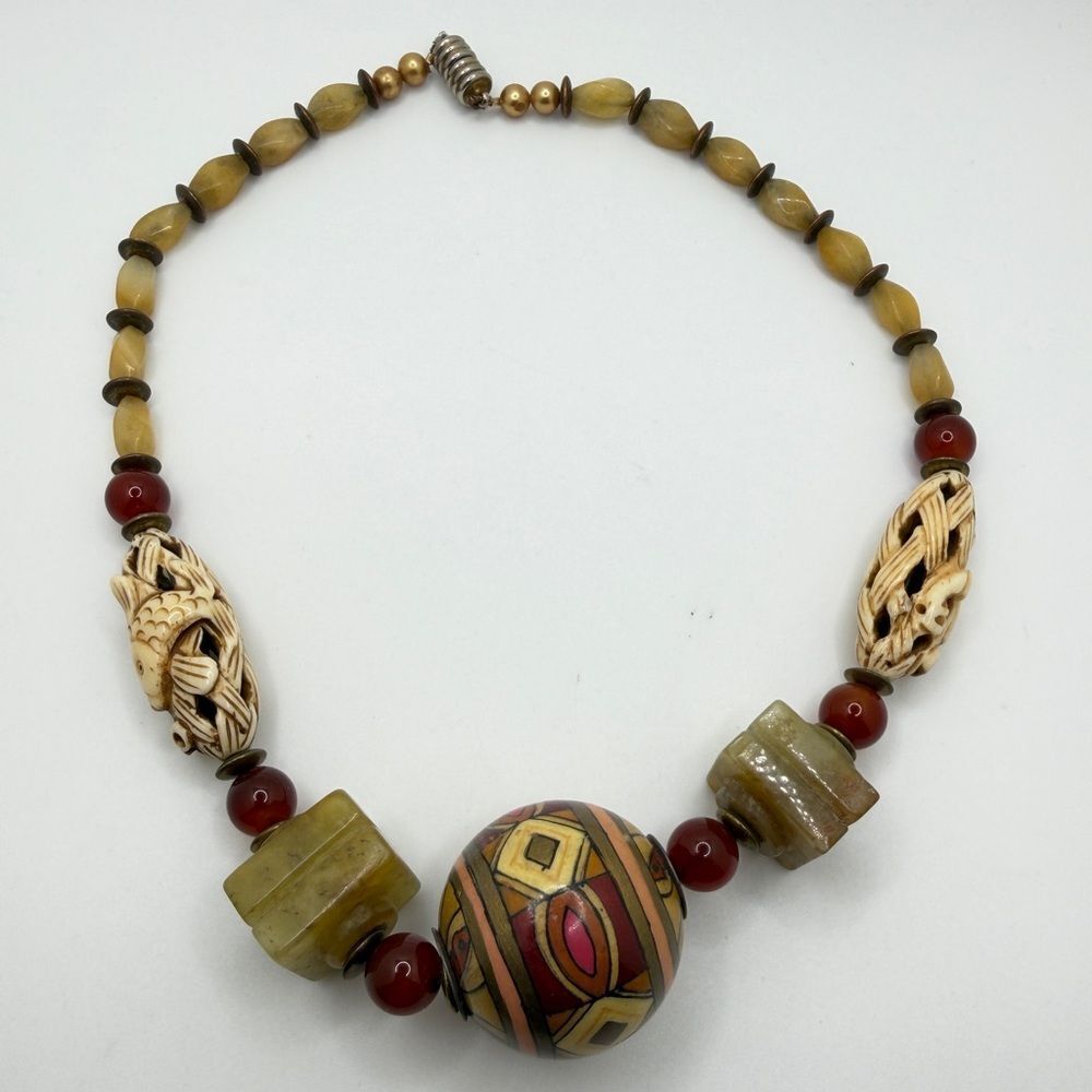 16" Wild Tibetan-style necklace with carnelian, carved bone, and statement bead!